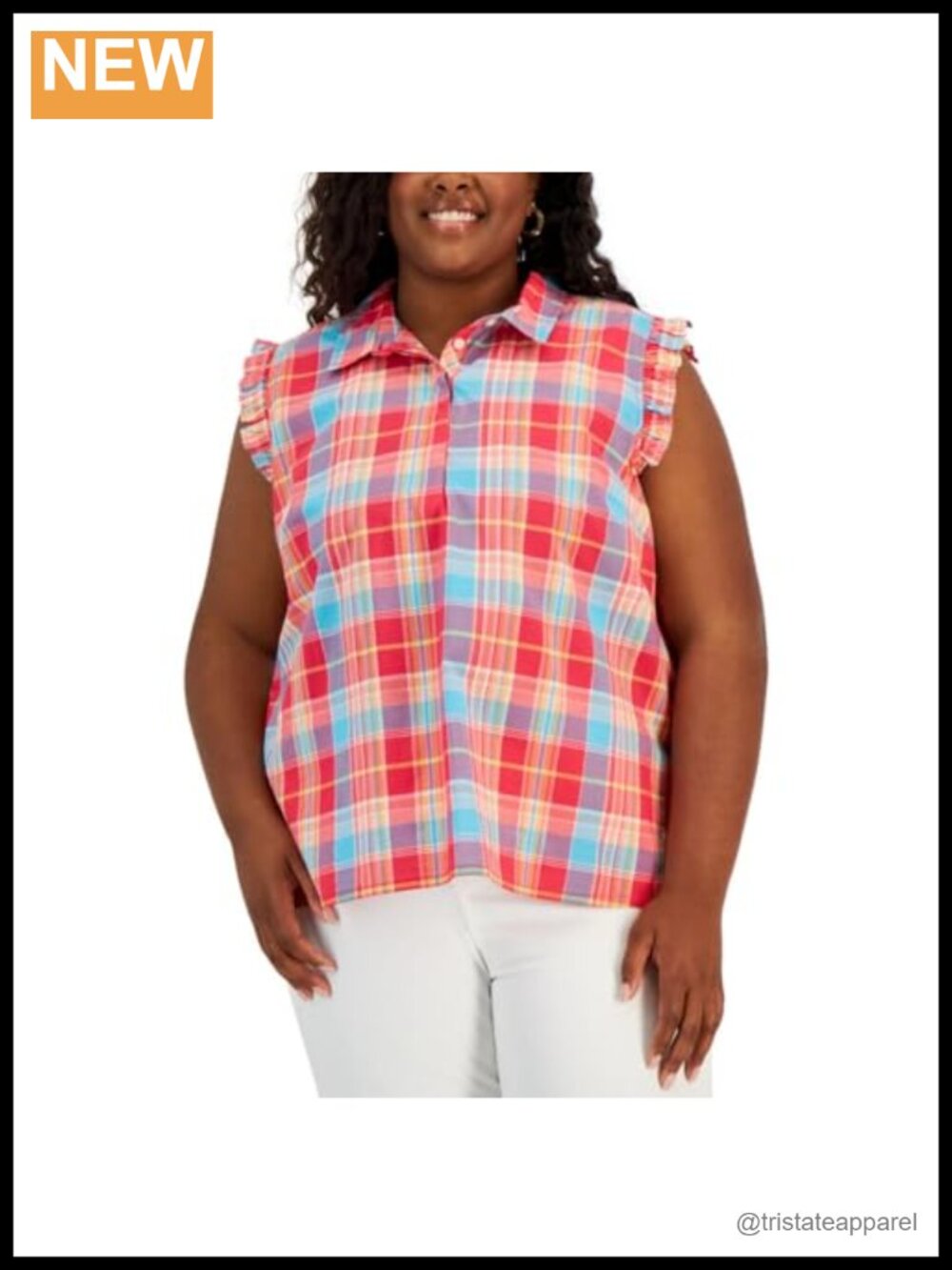 Sleeveless Plaid Ruffled Button Shirt